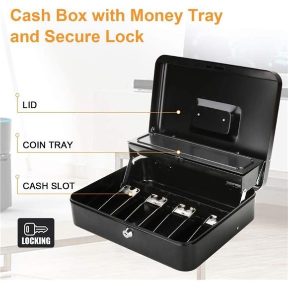 Large Locking Cash Box with Money Tray, Lock Box with Security Cable Metal Box - Picture 6 of 6